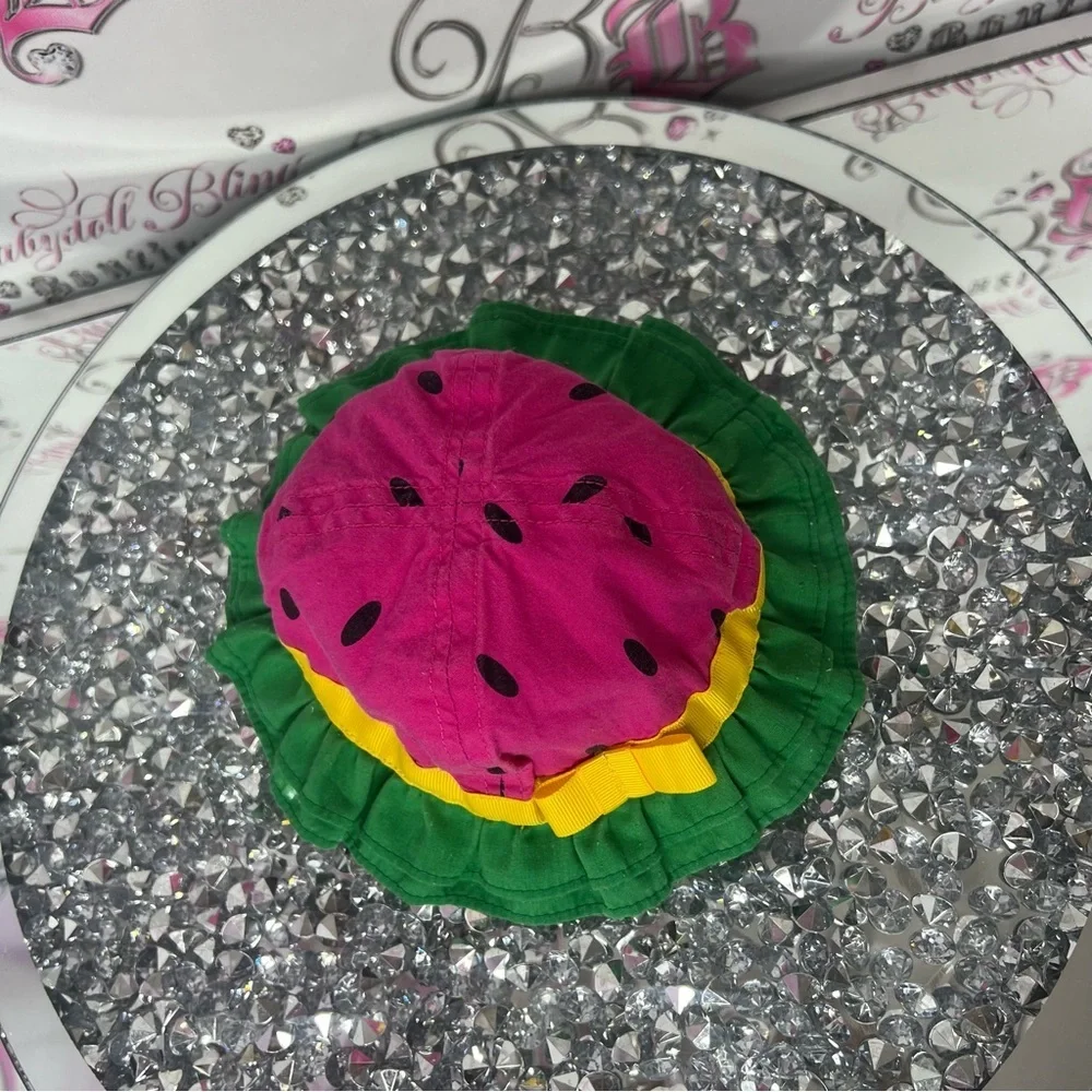 watermelon hat 🍉👒 baby 0-6 months pink black green yellow ribbon bow tie 🎀